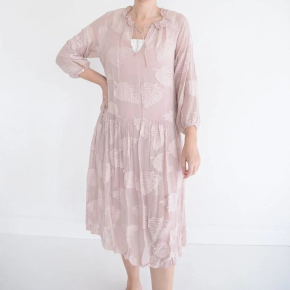 Aritzia Wilfred Pink Floral Overlay Leaves Sheer Maxi 25% Cotton Dress XS - Picture 1 of 16